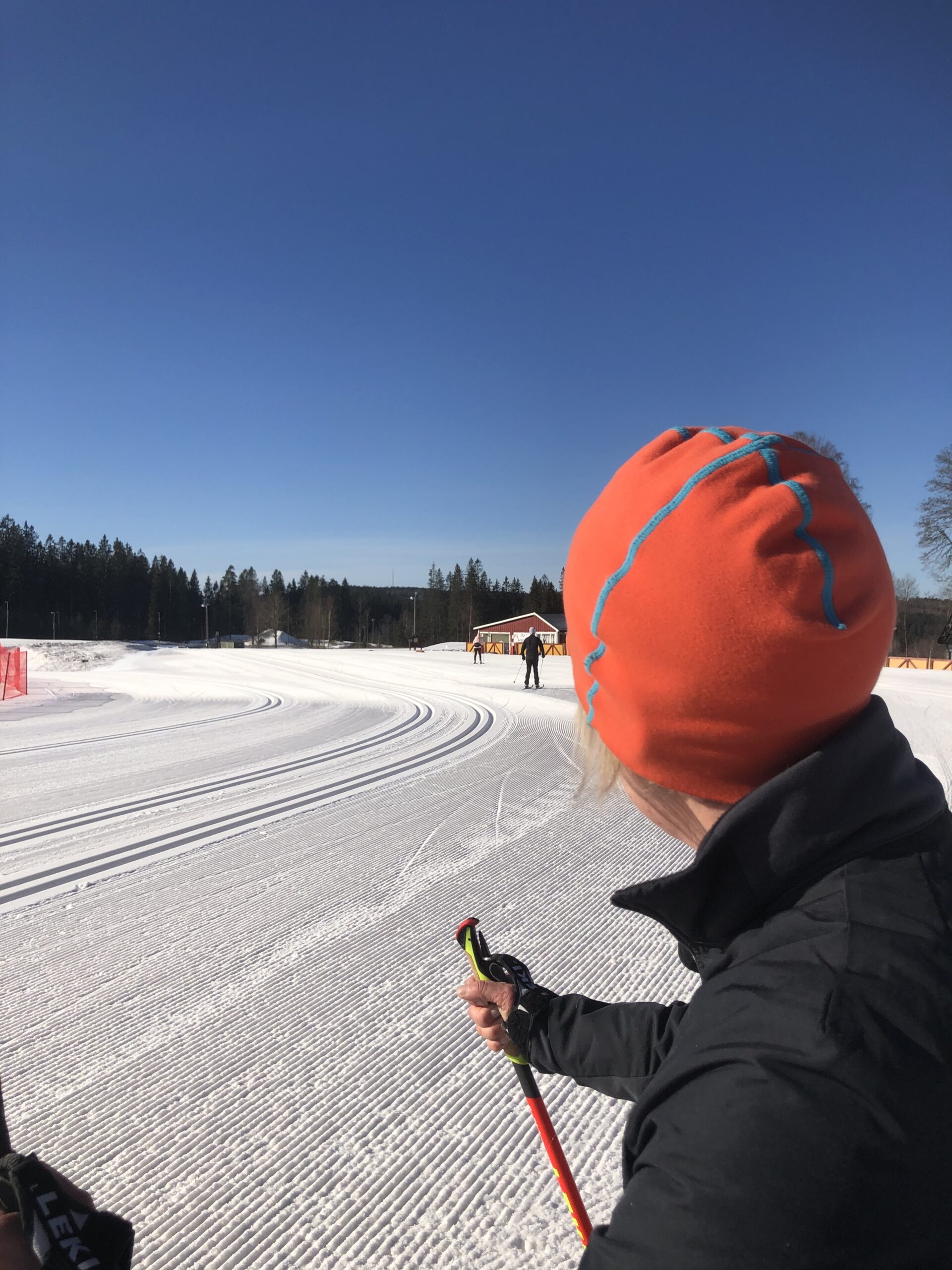 Kvinna i färd med att sträcka ut i perfekt preparerade längdspåren en solig vinterdag i bakgrunden fler skidåkare och spår som leder in i skogen